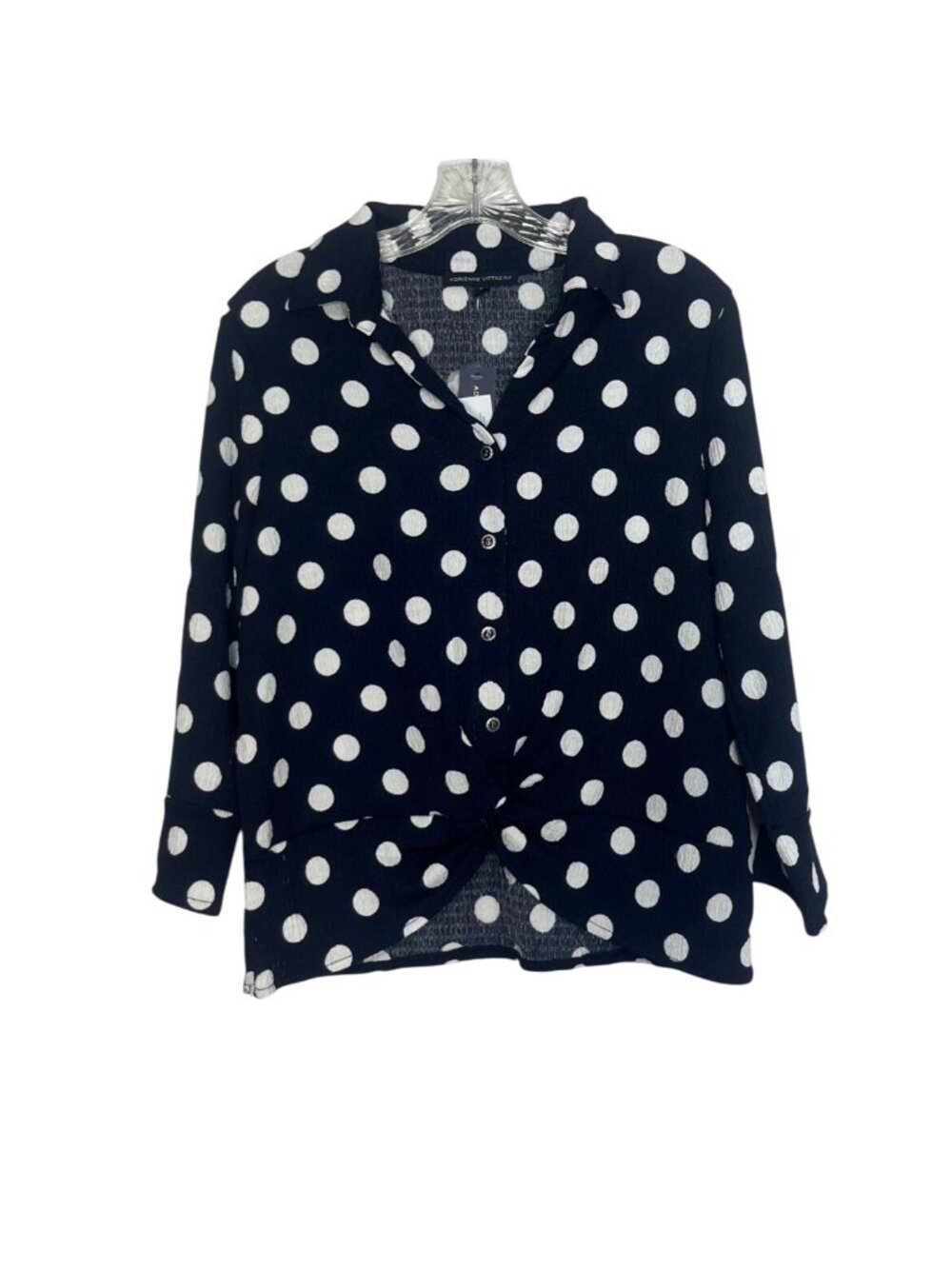 Adrienne Vittadini Polka Dot Button Front Blouse Medium Blue White New Twist Kno
